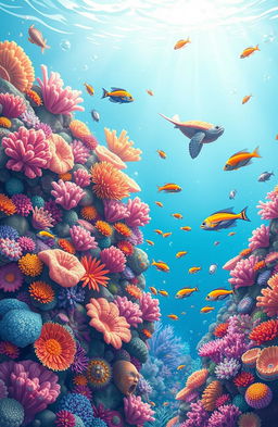 A vibrant underwater scene titled 'Coral Chronicles', showcasing a diverse coral reef teeming with life