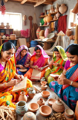 A vibrant scene showcasing a group of diverse Indian women artisans engaged in the intricate process of crafting traditional Indian handicrafts