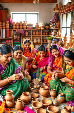 A vibrant scene showcasing a group of diverse Indian women artisans engaged in the intricate process of crafting traditional Indian handicrafts