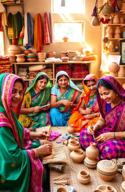 A vibrant scene showcasing a group of diverse Indian women artisans engaged in the intricate process of crafting traditional Indian handicrafts