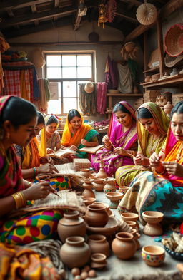 A vibrant scene showcasing a group of diverse Indian women artisans engaged in the intricate process of crafting traditional Indian handicrafts