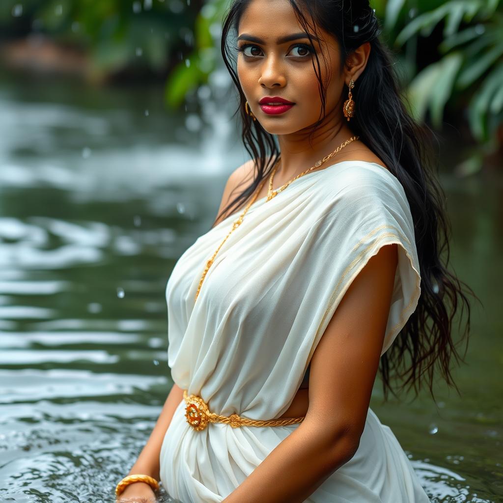 A stunningly beautiful Indian model wearing a traditional Kerala style white saree, soaked from the rain, showcasing a delicate golden waist chain accentuating her slim figure