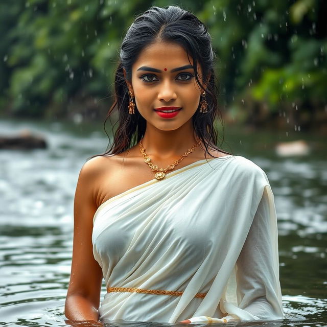 A stunningly beautiful Indian model wearing a traditional Kerala style white saree, soaked from the rain, showcasing a delicate golden waist chain accentuating her slim figure