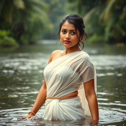 A stunningly beautiful Indian model wearing a traditional Kerala style white saree, soaked from the rain, showcasing a delicate golden waist chain accentuating her slim figure