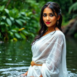 A stunningly beautiful Indian model wearing a traditional Kerala style white saree, soaked from the rain, showcasing a delicate golden waist chain accentuating her slim figure