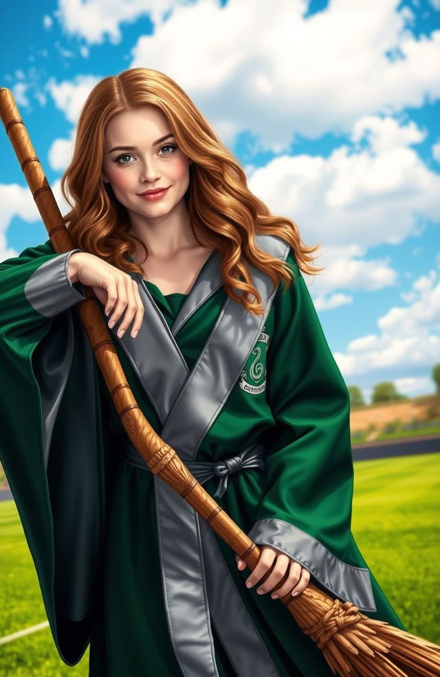 Abbey Cowen dressed in Slytherin Quidditch robes, leaning casually on a broomstick, with an air of confidence and adventure