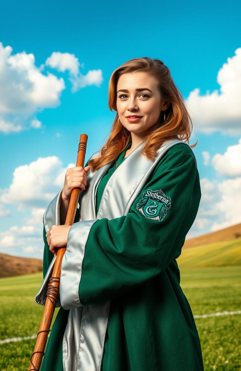 Abbey Cowen dressed in Slytherin Quidditch robes, leaning casually on a broomstick, with an air of confidence and adventure