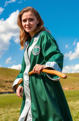 Abbey Cowen dressed in Slytherin Quidditch robes, leaning casually on a broomstick, with an air of confidence and adventure