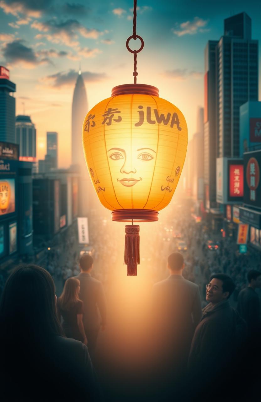 A serene depiction of a luminous lantern representing the 'jiwa' (soul) behind the bustling chaos of an economy, with vibrant cityscape in the background showcasing skyscrapers and busy streets