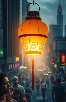 A serene depiction of a luminous lantern representing the 'jiwa' (soul) behind the bustling chaos of an economy, with vibrant cityscape in the background showcasing skyscrapers and busy streets
