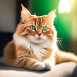 An adorable, fluffy cat lounging lazily under softly glowing sunshine