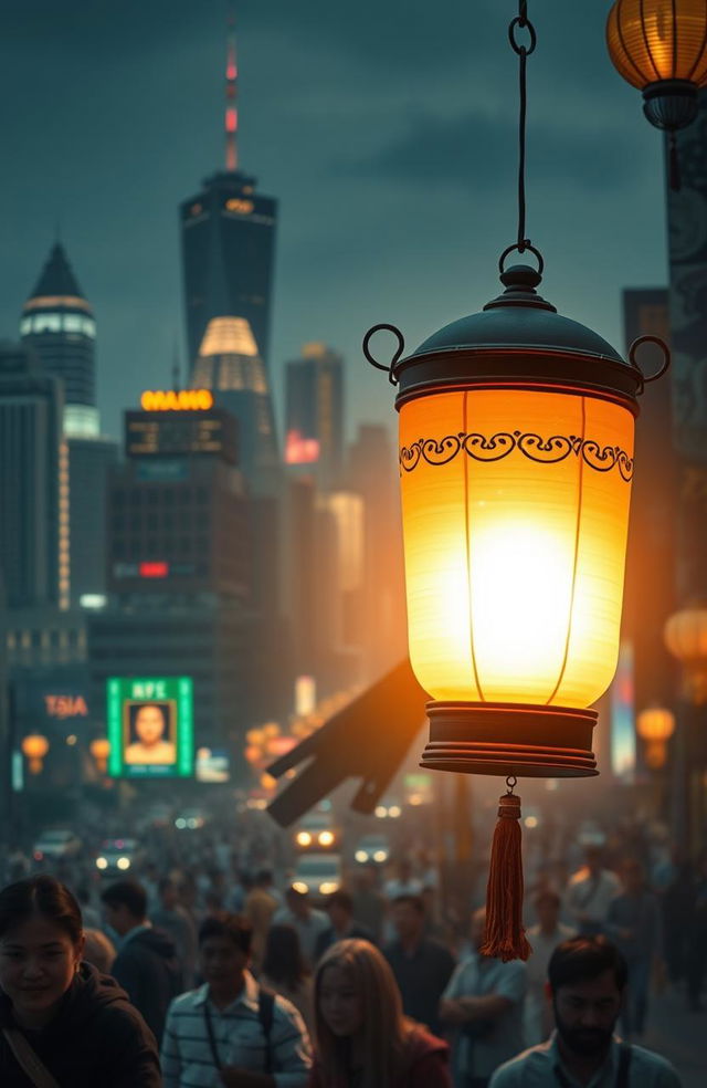 A serene depiction of a luminous lantern representing the 'jiwa' (soul) behind the bustling chaos of an economy, with vibrant cityscape in the background showcasing skyscrapers and busy streets