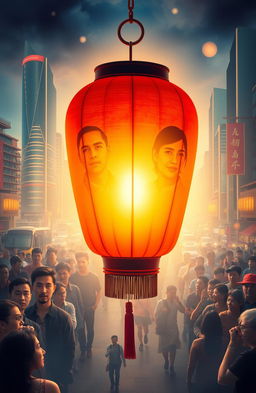 A serene depiction of a luminous lantern representing the 'jiwa' (soul) behind the bustling chaos of an economy, with vibrant cityscape in the background showcasing skyscrapers and busy streets