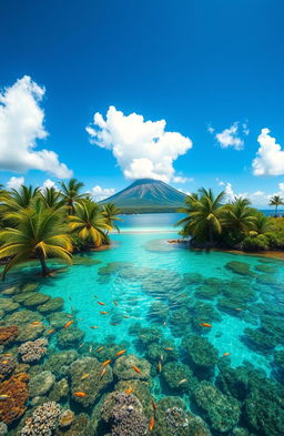 A stunning tropical landscape of Oceania, featuring a crystal-clear turquoise lagoon surrounded by lush green palm trees, vibrant coral reefs visible beneath the water, and a dramatic volcanic island in the distance under a bright blue sky with fluffy white clouds