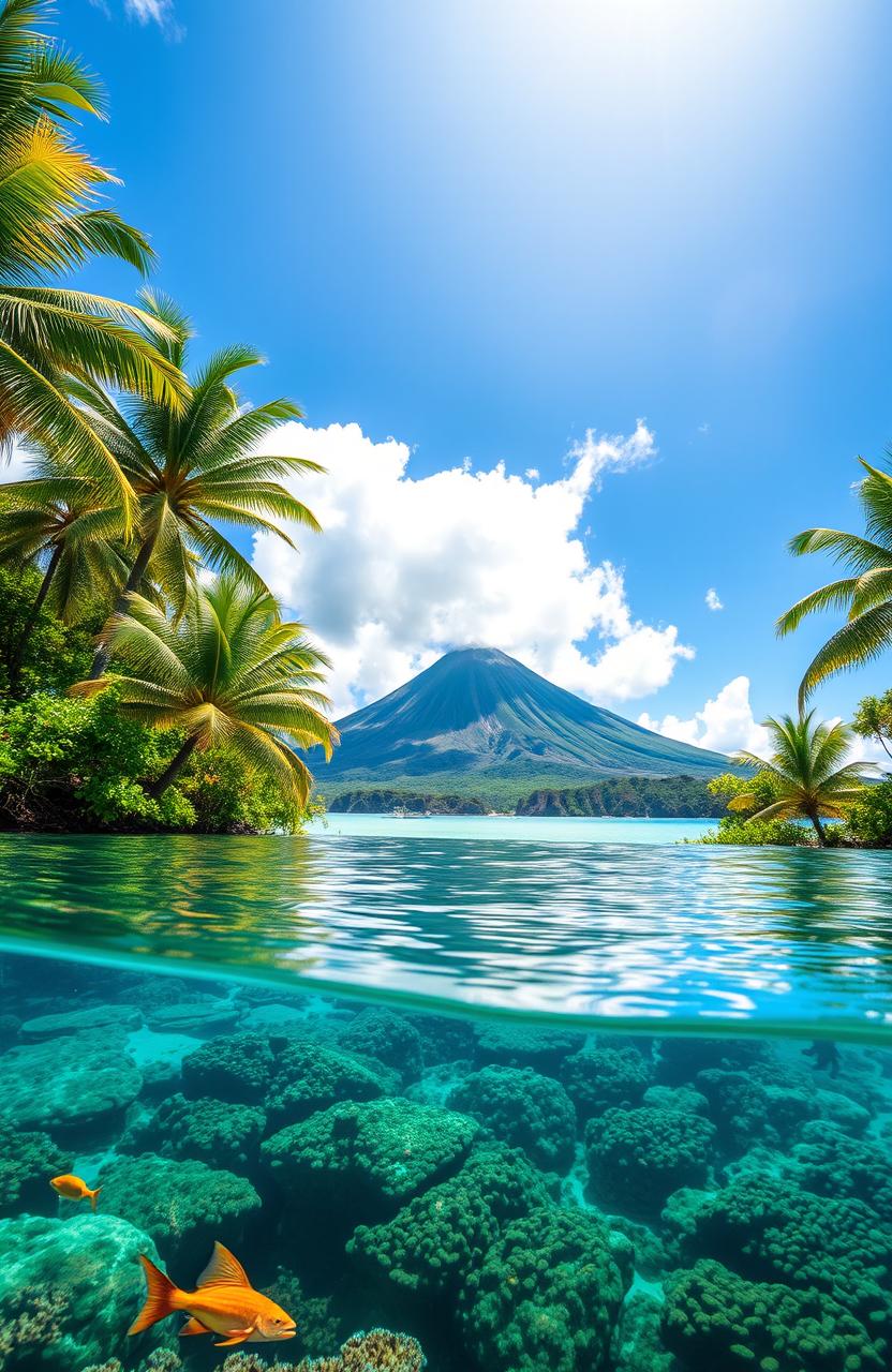 A stunning tropical landscape of Oceania, featuring a crystal-clear turquoise lagoon surrounded by lush green palm trees, vibrant coral reefs visible beneath the water, and a dramatic volcanic island in the distance under a bright blue sky with fluffy white clouds