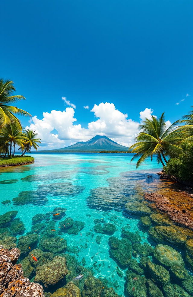 A stunning tropical landscape of Oceania, featuring a crystal-clear turquoise lagoon surrounded by lush green palm trees, vibrant coral reefs visible beneath the water, and a dramatic volcanic island in the distance under a bright blue sky with fluffy white clouds