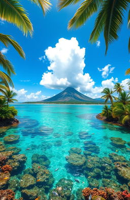 A stunning tropical landscape of Oceania, featuring a crystal-clear turquoise lagoon surrounded by lush green palm trees, vibrant coral reefs visible beneath the water, and a dramatic volcanic island in the distance under a bright blue sky with fluffy white clouds