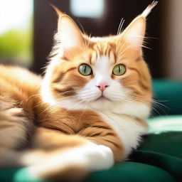 An adorable, fluffy cat lounging lazily under softly glowing sunshine