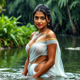 A hot sexy Indian model wearing a low hip transparent Kerala style white saree, soaking wet and drenching in the rain