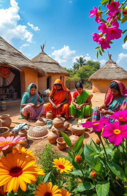 A vibrant scene depicting Indian villagers engaged in making traditional handicraft products