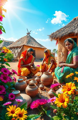 A vibrant scene depicting Indian villagers engaged in making traditional handicraft products