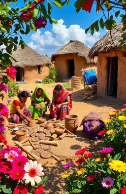 A vibrant scene depicting Indian villagers engaged in making traditional handicraft products