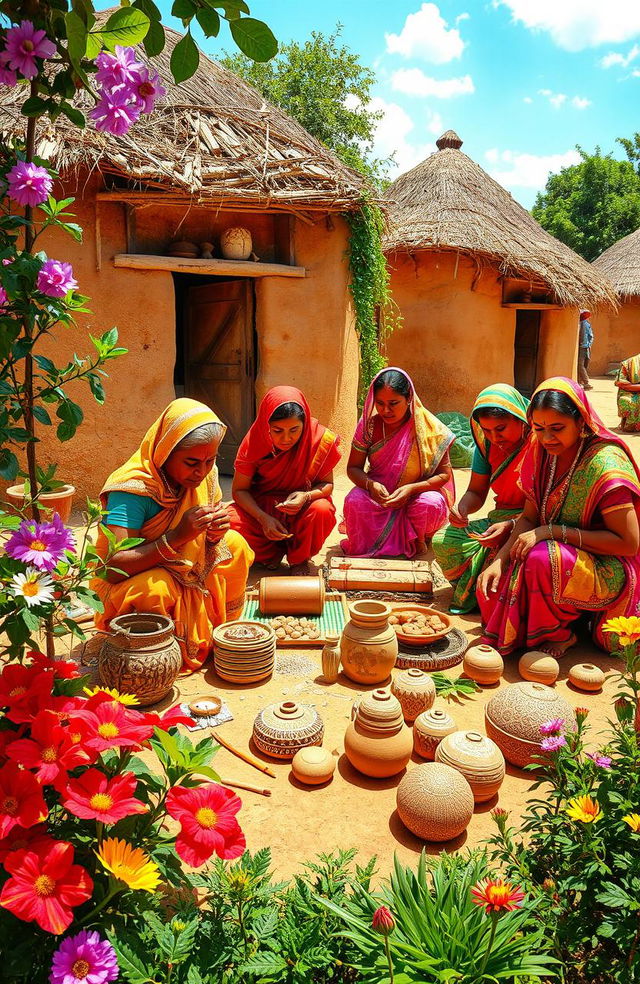 A vibrant scene depicting Indian villagers engaged in making traditional handicraft products