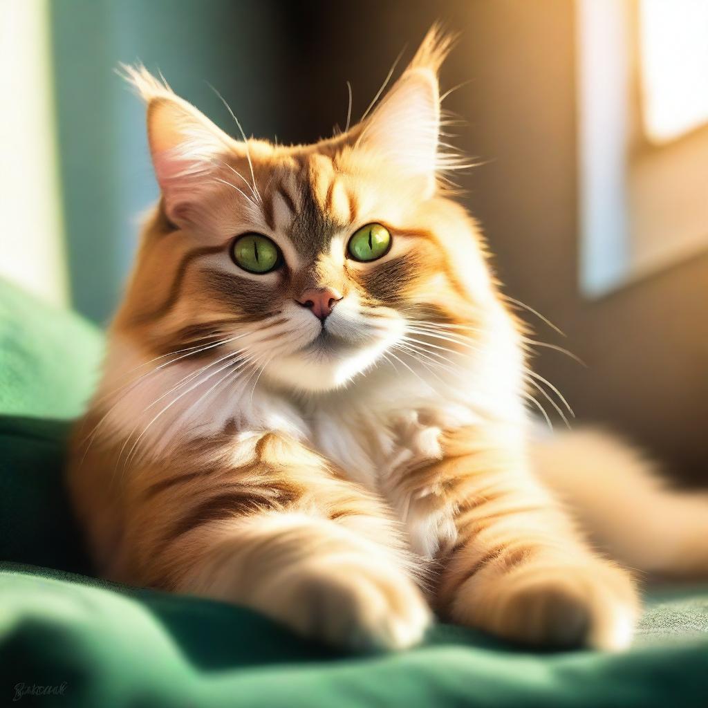 An adorable, fluffy cat lounging lazily under softly glowing sunshine