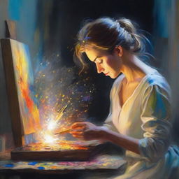 A creative lady artist, deeply engrossed in the process of crafting a magical painting, causing sparks of enchantment to burst from the canvas