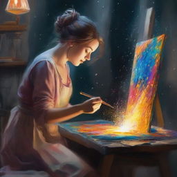 A creative lady artist, deeply engrossed in the process of crafting a magical painting, causing sparks of enchantment to burst from the canvas