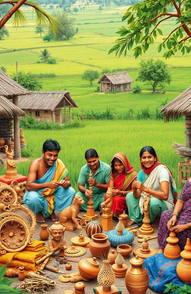 A vibrant scene depicting Indian villagers engaged in the traditional craft of making handicrafts