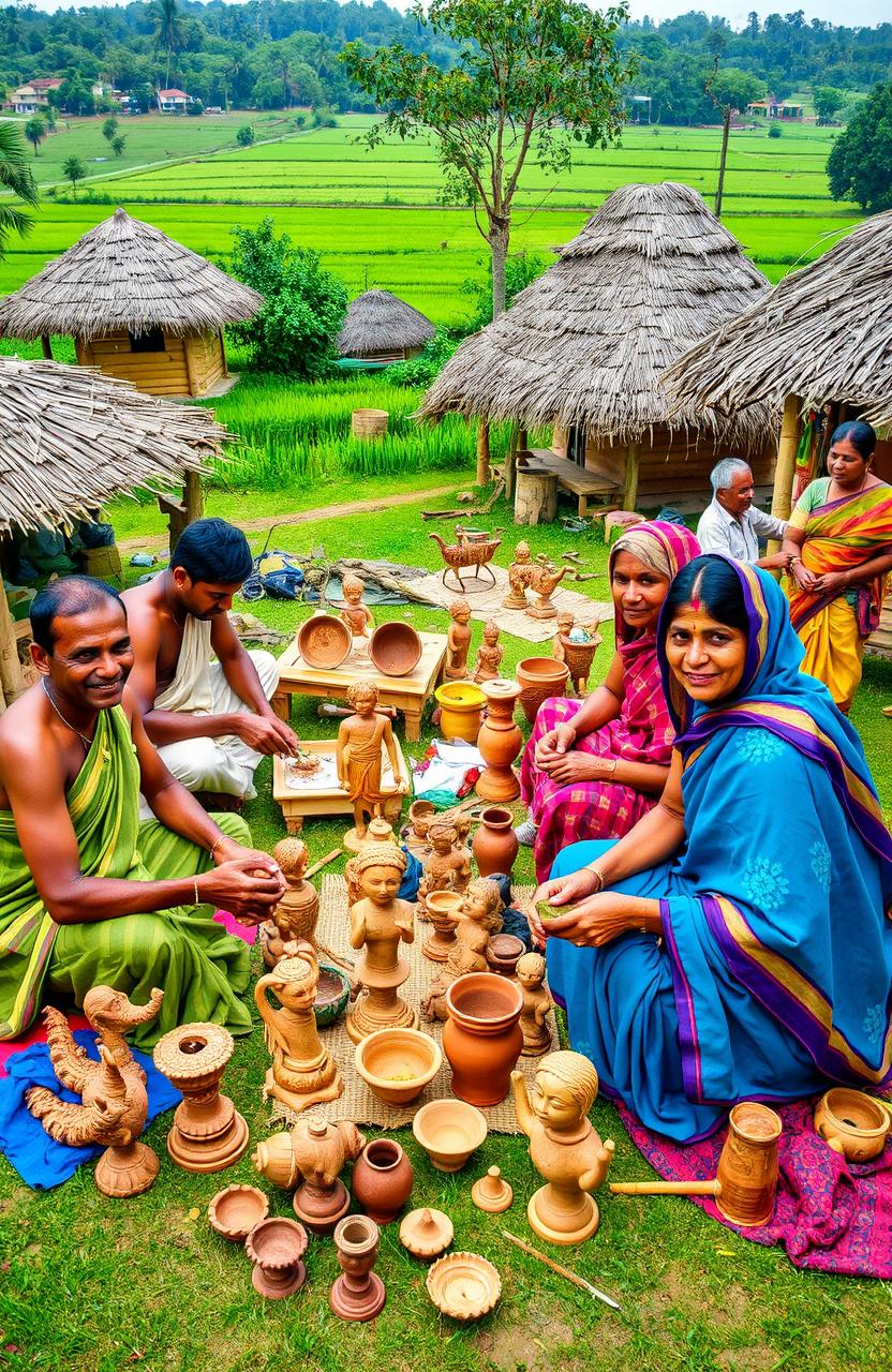 A vibrant scene depicting Indian villagers engaged in the traditional craft of making handicrafts