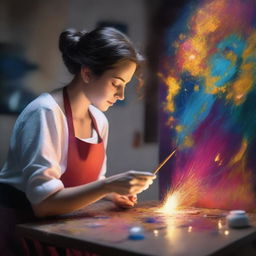 A creative lady artist, deeply engrossed in the process of crafting a magical painting, causing sparks of enchantment to burst from the canvas