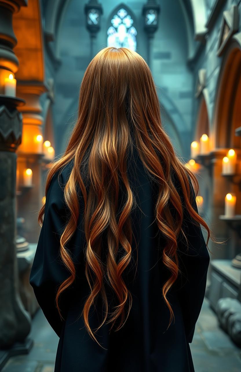 A Weasley cousin from behind, showing a 13-year-old girl with long, vibrant ginger hair flowing down her back