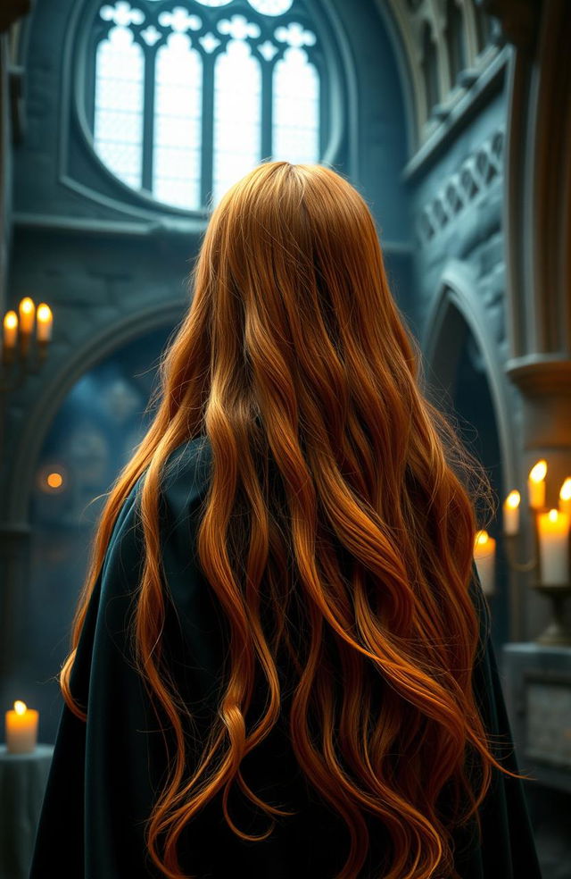 A Weasley cousin from behind, showing a 13-year-old girl with long, vibrant ginger hair flowing down her back