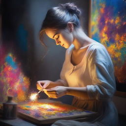 A creative lady artist, deeply engrossed in the process of crafting a magical painting, causing sparks of enchantment to burst from the canvas