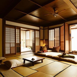 A spacious and luxuriously furnished living room in Japandi style, incorporating elements of traditional Indian decor, with warm tones and natural materials.