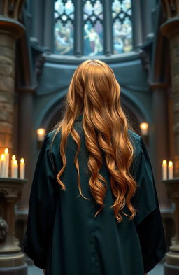 A Weasley cousin from behind, showing a 13-year-old girl with long, vibrant ginger hair flowing down her back