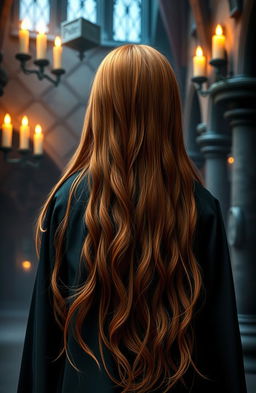 A Weasley cousin from behind, showing a 13-year-old girl with long, vibrant ginger hair flowing down her back