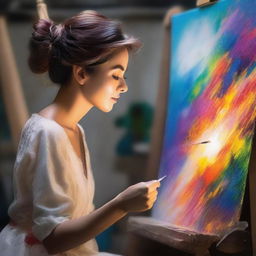 An artistically inclined lady, completely absorbed in the process of creating a magical painting, as enchanting elements burst out from the canvas