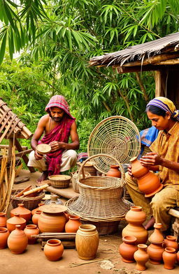 A vibrant scene depicting Indian villagers skillfully engaged in crafting traditional handicrafts made from wood, bamboo, and terracotta