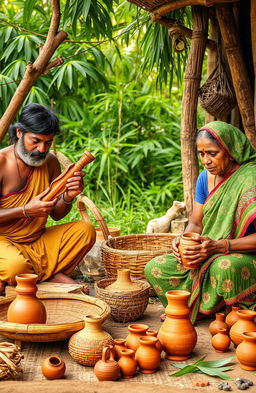 A vibrant scene depicting Indian villagers skillfully engaged in crafting traditional handicrafts made from wood, bamboo, and terracotta