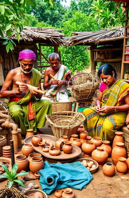 A vibrant scene depicting Indian villagers skillfully engaged in crafting traditional handicrafts made from wood, bamboo, and terracotta