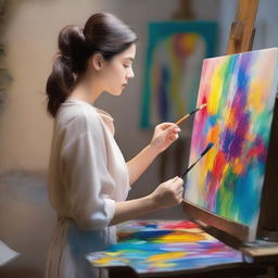 An artistically inclined lady, completely absorbed in the process of creating a magical painting, as enchanting elements burst out from the canvas