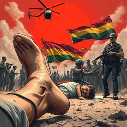 A dramatic and impactful cover illustration featuring a human leg and arm in the foreground, indicative of a tragic scene