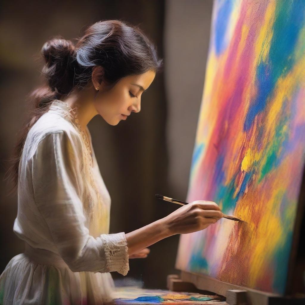 An artistically inclined lady, completely absorbed in the process of creating a magical painting, as enchanting elements burst out from the canvas