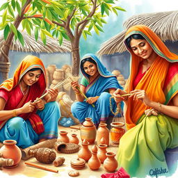 A vibrant and culturally rich scene depicting Indian villagers engaged in creating traditional handicrafts