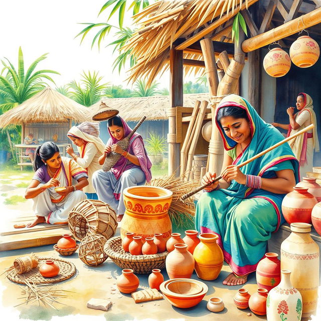 A vibrant and culturally rich scene depicting Indian villagers engaged in creating traditional handicrafts