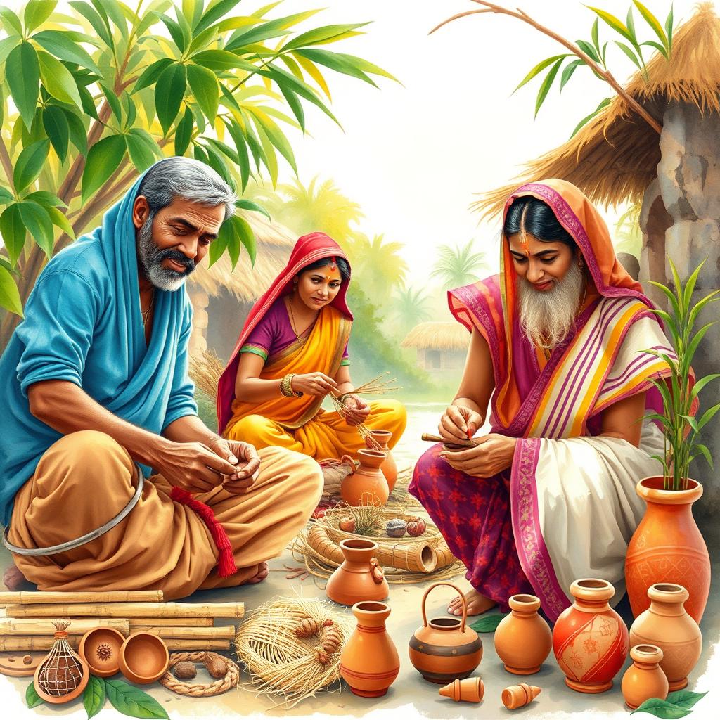 A vibrant and culturally rich scene depicting Indian villagers engaged in creating traditional handicrafts