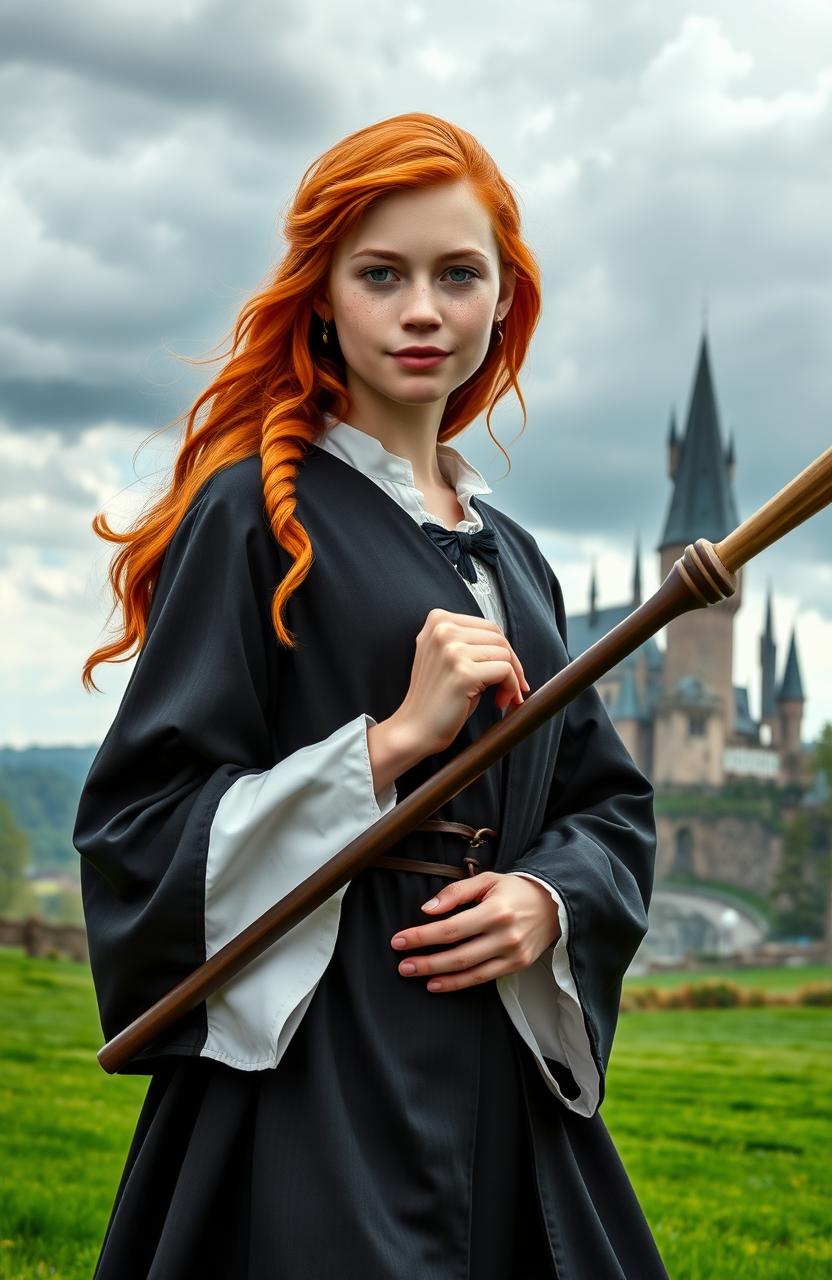 Abigail Cowen as a Weasley cousin, styled with fiery red hair and freckles, dressed in elegant Slytherin robes that contrast with her traditional Gryffindor heritage